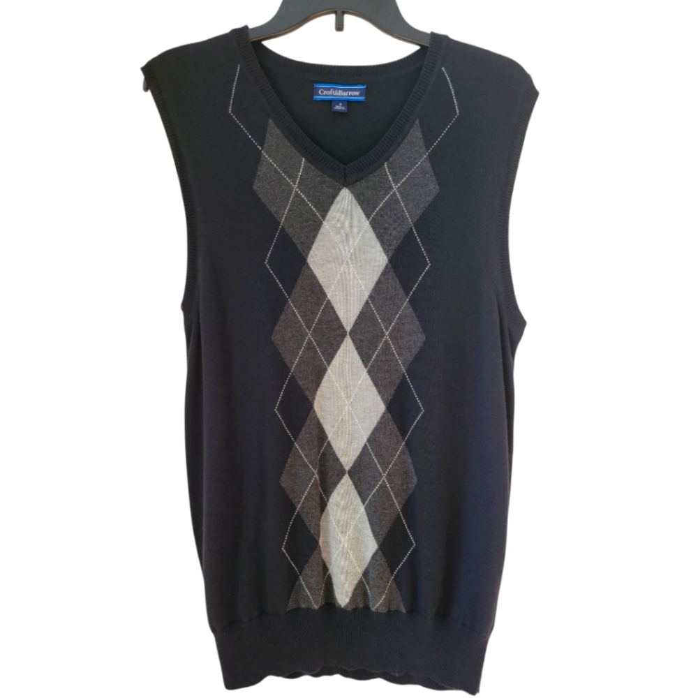 Croft&Barrow Men's V-Neck Argyle Sweater Vest, S, Black Grey, NWOT
